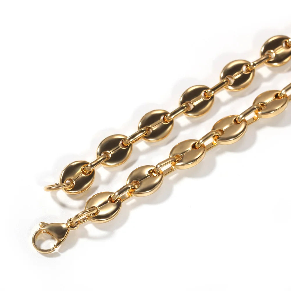 Chunky 7.4mm Coffee Beans Link Chain Necklace Stainless Steel Gold Hip Hop Trendy Geometric Pattern Featuring Pig Anniversaries