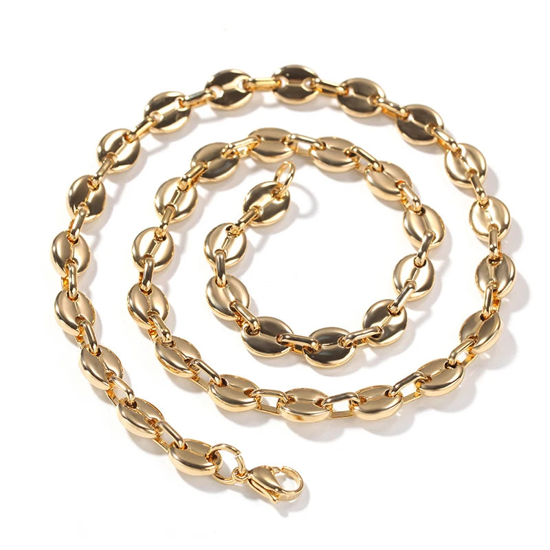 Chunky 7.4mm Coffee Beans Link Chain Necklace Stainless Steel Gold Hip Hop Trendy Geometric Pattern Featuring Pig Anniversaries