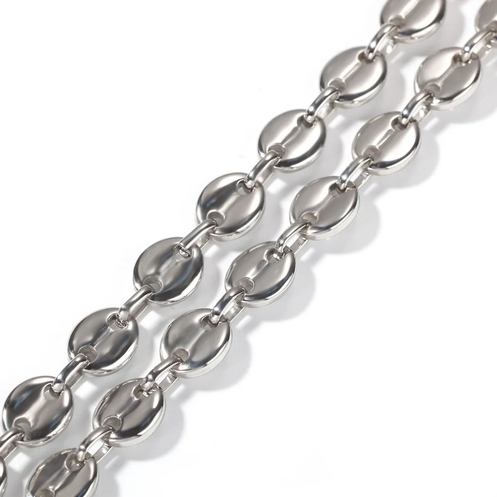 Chunky 7.4mm Coffee Beans Link Chain Necklace Stainless Steel Gold Hip Hop Trendy Geometric Pattern Featuring Pig Anniversaries