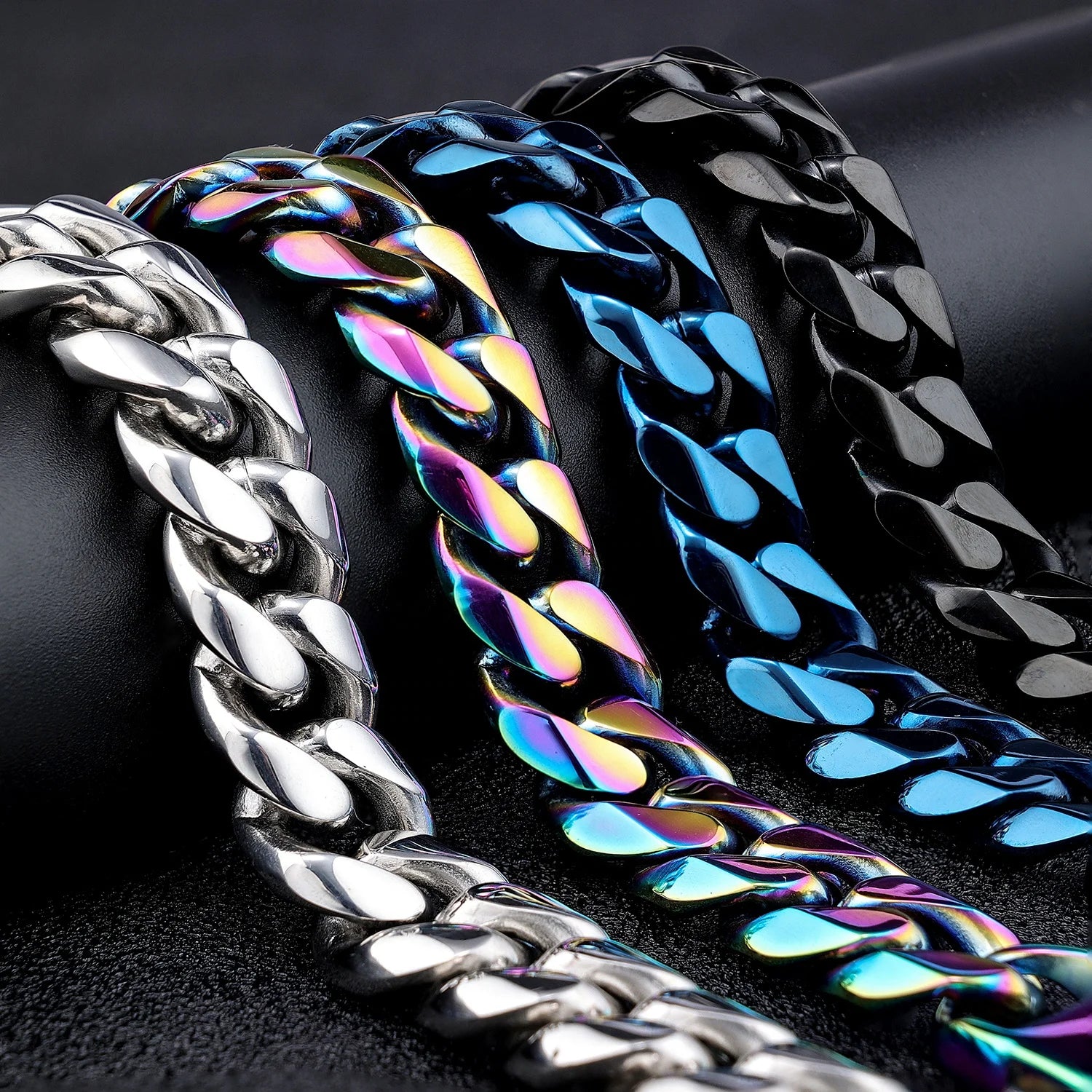 Custom LOGO Stainless Steel 14mm Black Rainbow Color Big Curb Cuban Miami Cuban Chain Bracelet for Men