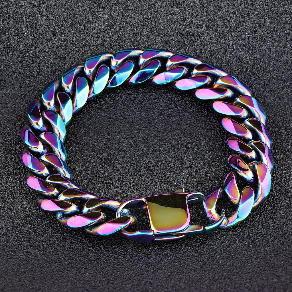 Custom LOGO Stainless Steel 14mm Black Rainbow Color Big Curb Cuban Miami Cuban Chain Bracelet for Men