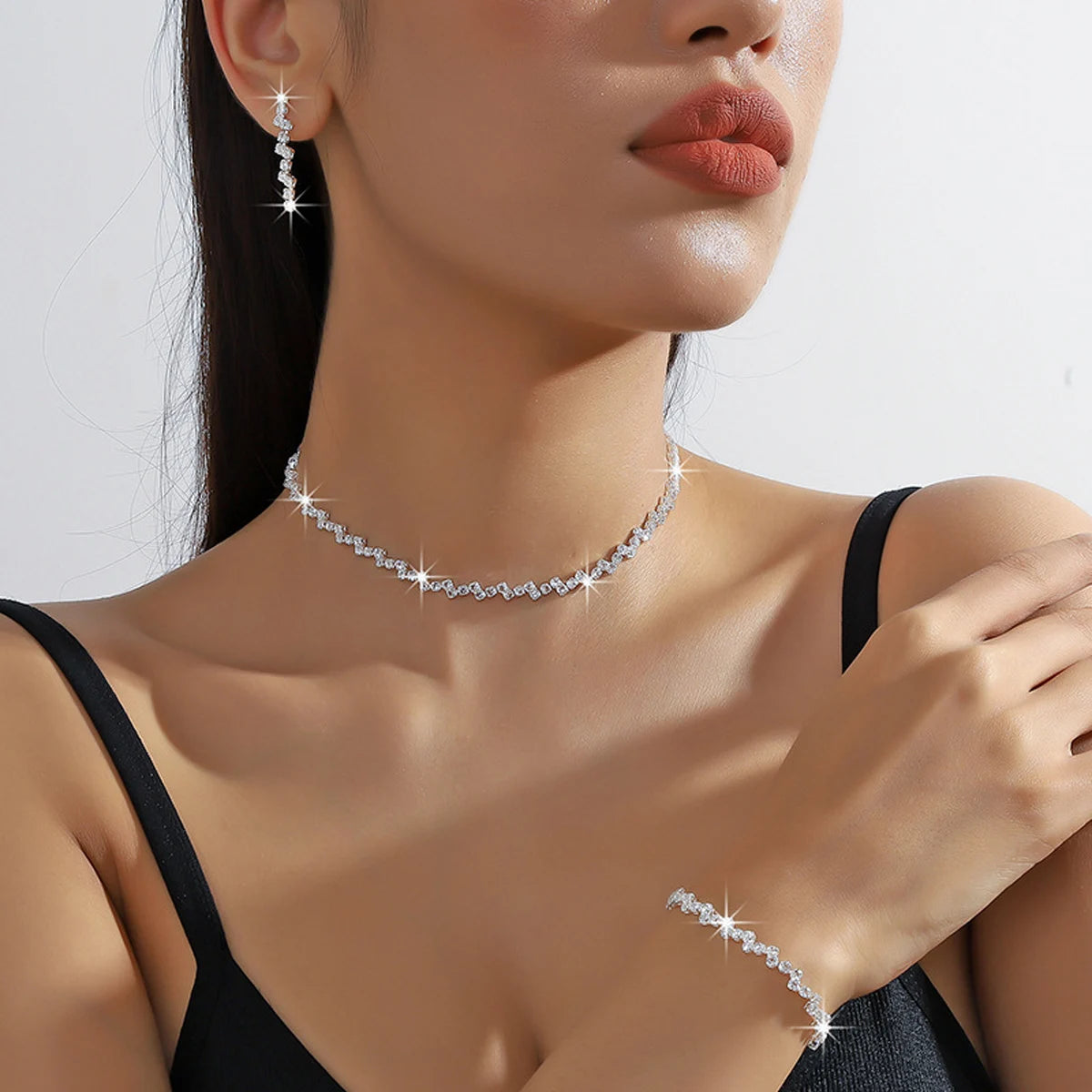 Set of Shiny Silver Plated Collarbone Chain Necklace Bracelet Jewelry, Women's Minimalist Starry Sky Accessories