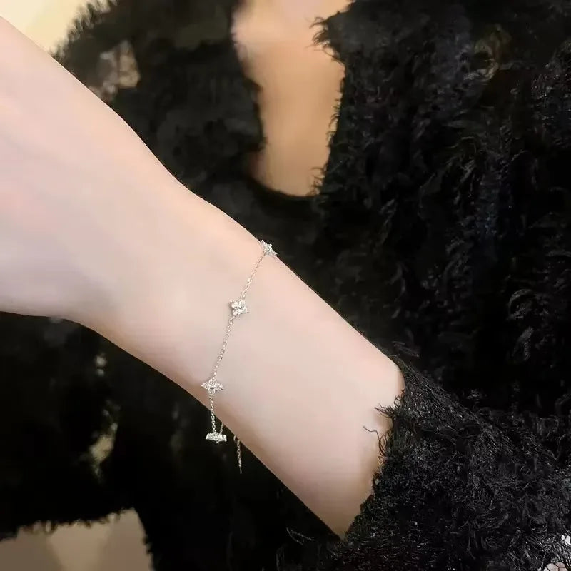 High Quality Crystal Four Leaf Flower Bracelet for Women Clasic Trendy Gold Color Stainless Steel Zircon Bangle Jewelry Gift