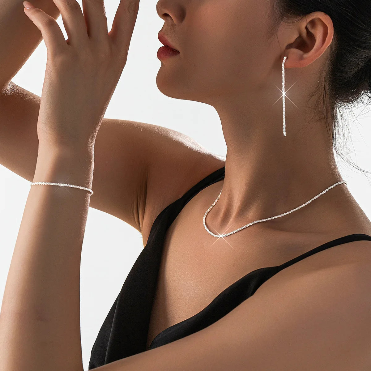 Set of Shiny Silver Plated Collarbone Chain Necklace Bracelet Jewelry, Women's Minimalist Starry Sky Accessories